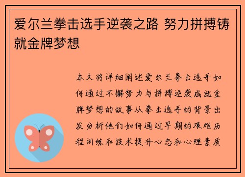 爱尔兰拳击选手逆袭之路 努力拼搏铸就金牌梦想