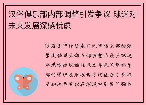 汉堡俱乐部内部调整引发争议 球迷对未来发展深感忧虑