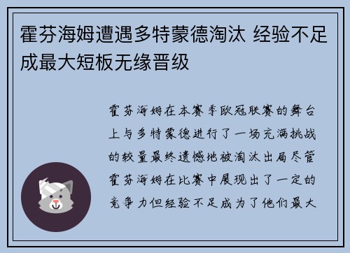 霍芬海姆遭遇多特蒙德淘汰 经验不足成最大短板无缘晋级