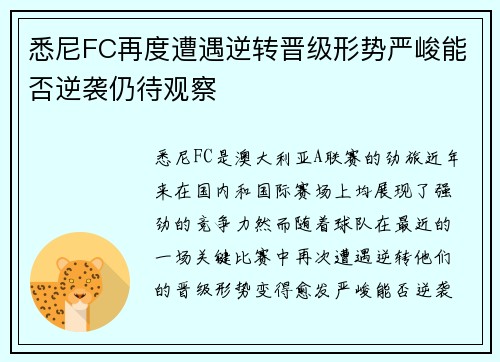 悉尼FC再度遭遇逆转晋级形势严峻能否逆袭仍待观察