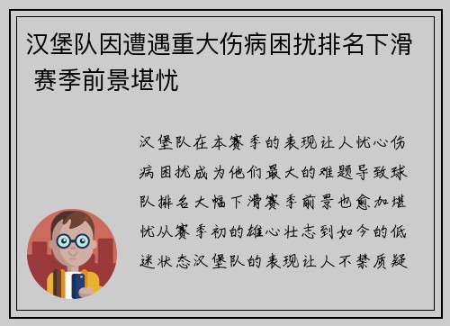 汉堡队因遭遇重大伤病困扰排名下滑 赛季前景堪忧