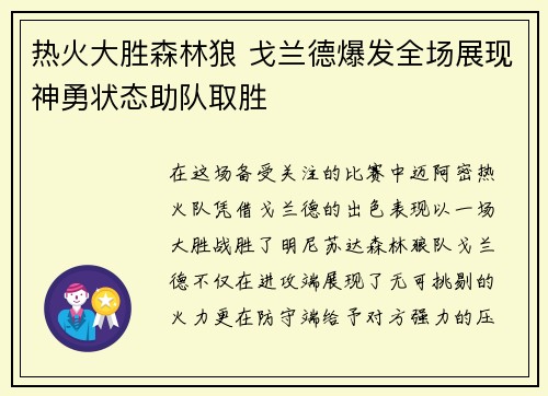 热火大胜森林狼 戈兰德爆发全场展现神勇状态助队取胜