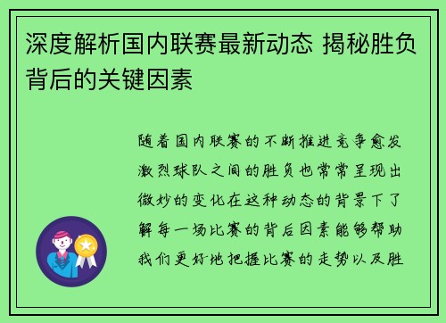 深度解析国内联赛最新动态 揭秘胜负背后的关键因素