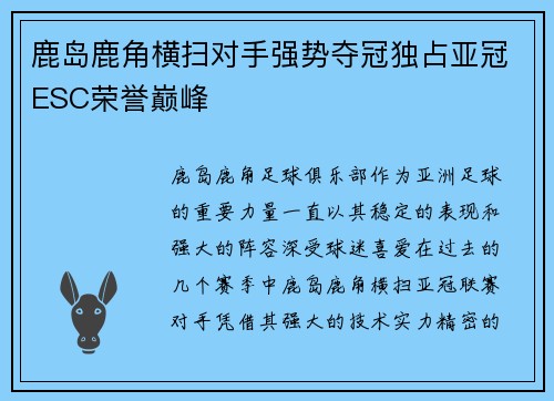 鹿岛鹿角横扫对手强势夺冠独占亚冠ESC荣誉巅峰